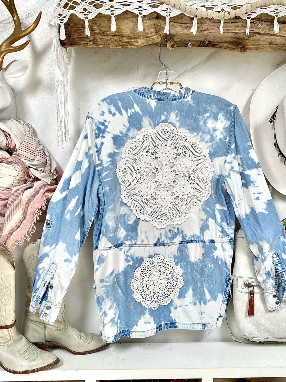 Upcycled Tie-Dye shirt w Crochet back accents cottagecore prairie beach vibe